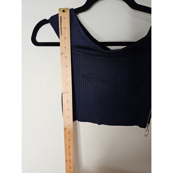 Arc Navy Blue Off Shoulder Ribbed Sweater Silver Side Zip Crop Top P S - Picture 5 of 7
